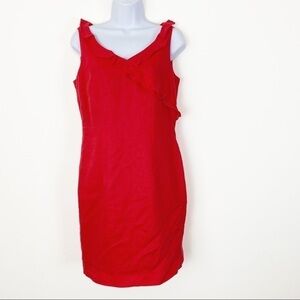 SHARON YOUNG 100% Linen Ruffle V-neck Coral Red Dress Cocktail Wedding Summer 4